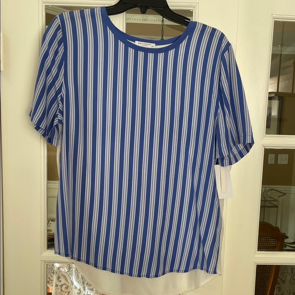 Equipment Silk Blue and White Striped Short Sleeve Blouse